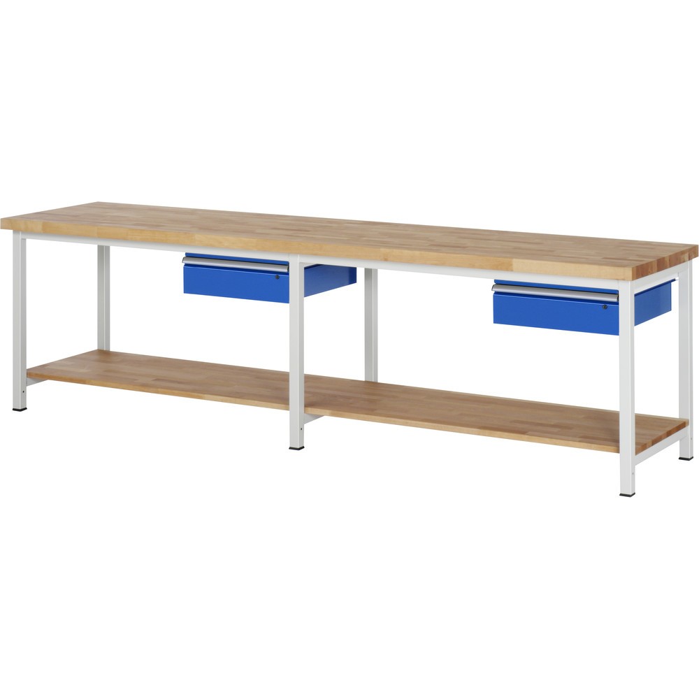 Produktabbildung: RAU Werkbank Serie 8000, HxBxT 840-1.040 x 3.000 x 700 mm, 2 Schubladen, 1 Buche-Massiv-Ablageboden