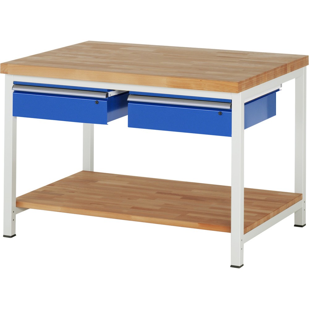 Produktabbildung Nr. 1: RAU Werkbank Serie 8000, HxBxT 840-1.040 x 1.250 x 900 mm, 2 Schubladen, 1 Buche-Massiv-Ablageboden