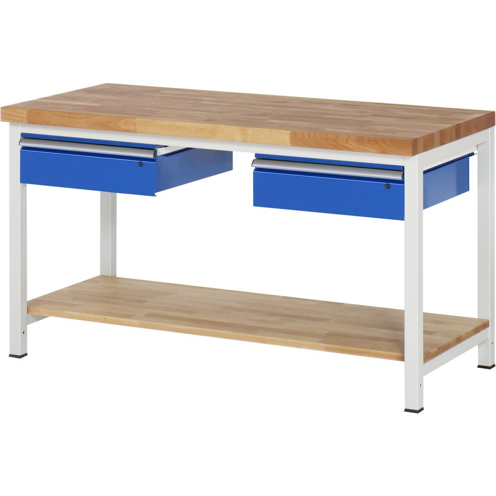 Produktabbildung: RAU Werkbank Serie 8000, HxBxT 840-1.040 x 1.500 x 700 mm, 2 Schubladen, 1 Buche-Massiv-Ablageboden