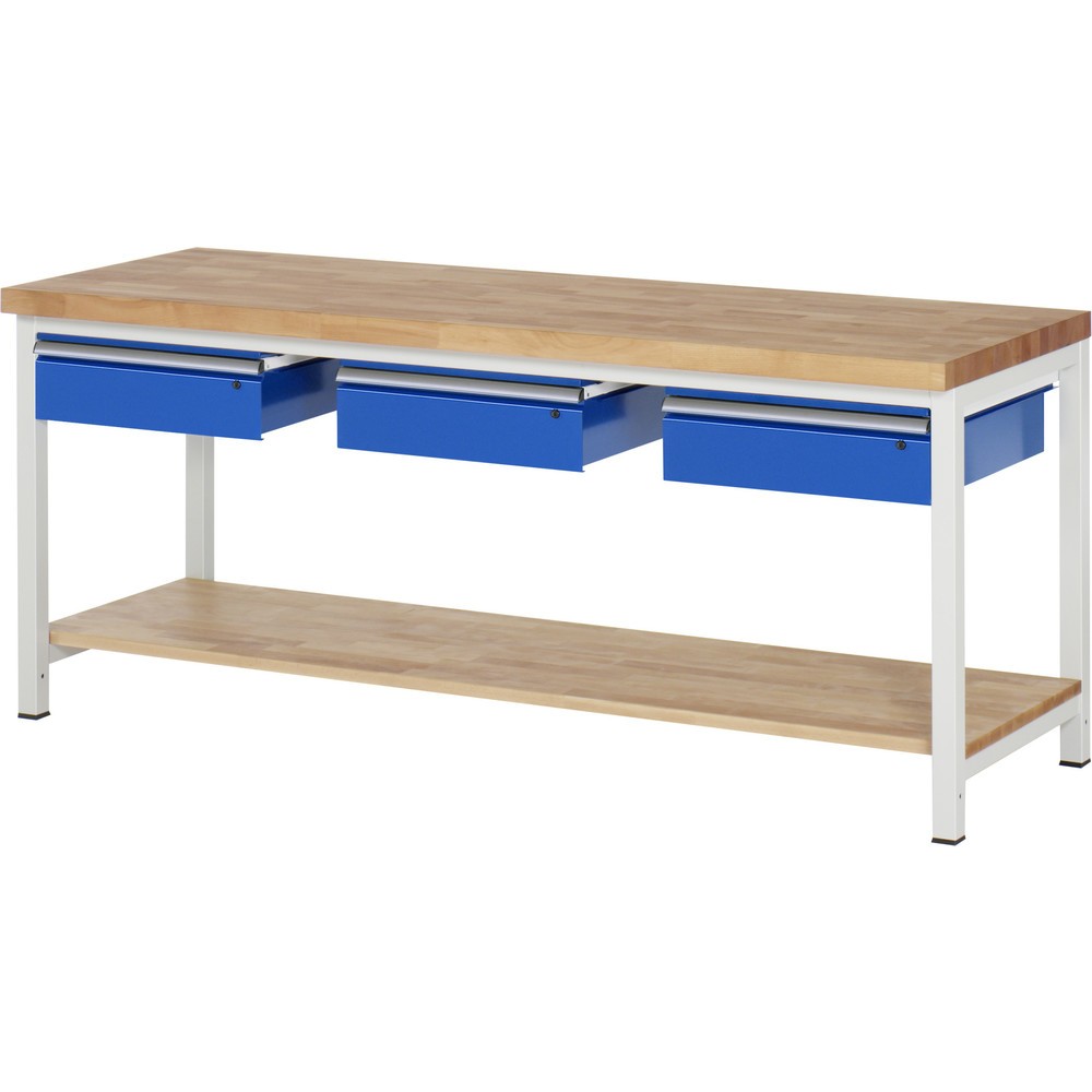 Produktabbildung Nr. 1: RAU Werkbank Serie 8000, HxBxT 840-1.040 x 2.000 x 700 mm, 3 Schubladen, 1 Buche-Massiv-Ablageboden