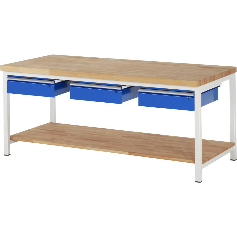 RAU Werkbank Serie 8000, HxBxT 840 x 2.000 x 900 mm, 3 Schubladen, 1 Buche-Massiv-Ablageboden mit Tiefe 757 mm Produktabbildung Nr. 1: RAU Werkbank Serie 8000, HxBxT 840 x 2.000 x 900 mm, 3 Schubladen, 1 Buche-Massiv-Ablageboden mit Tiefe 757 mm