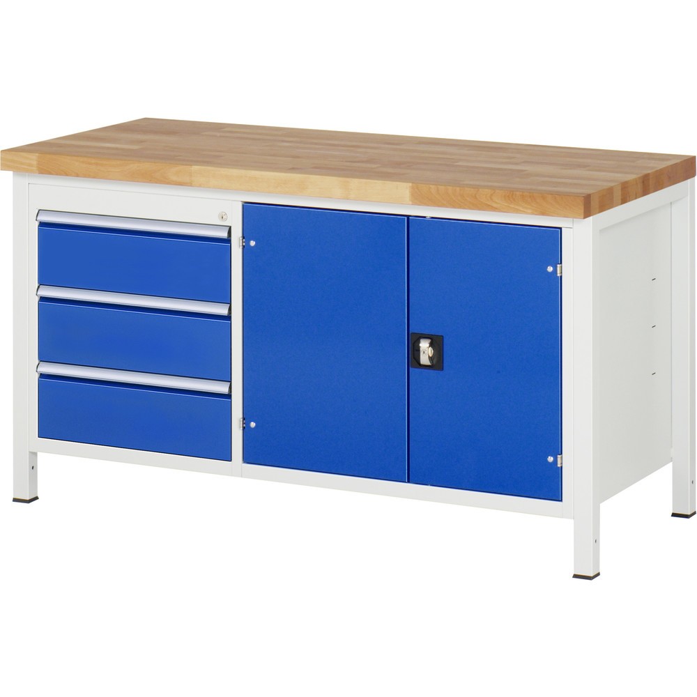 Produktabbildung Nr. 1: RAU Werkbank Serie 8000, 1 Doppel-Container, 1 Fachboden, 1 Doppel-Flügeltür, HxBxT 840 x 1.500 x 700 mm, 3 x 90%-Auszug-Schubladen