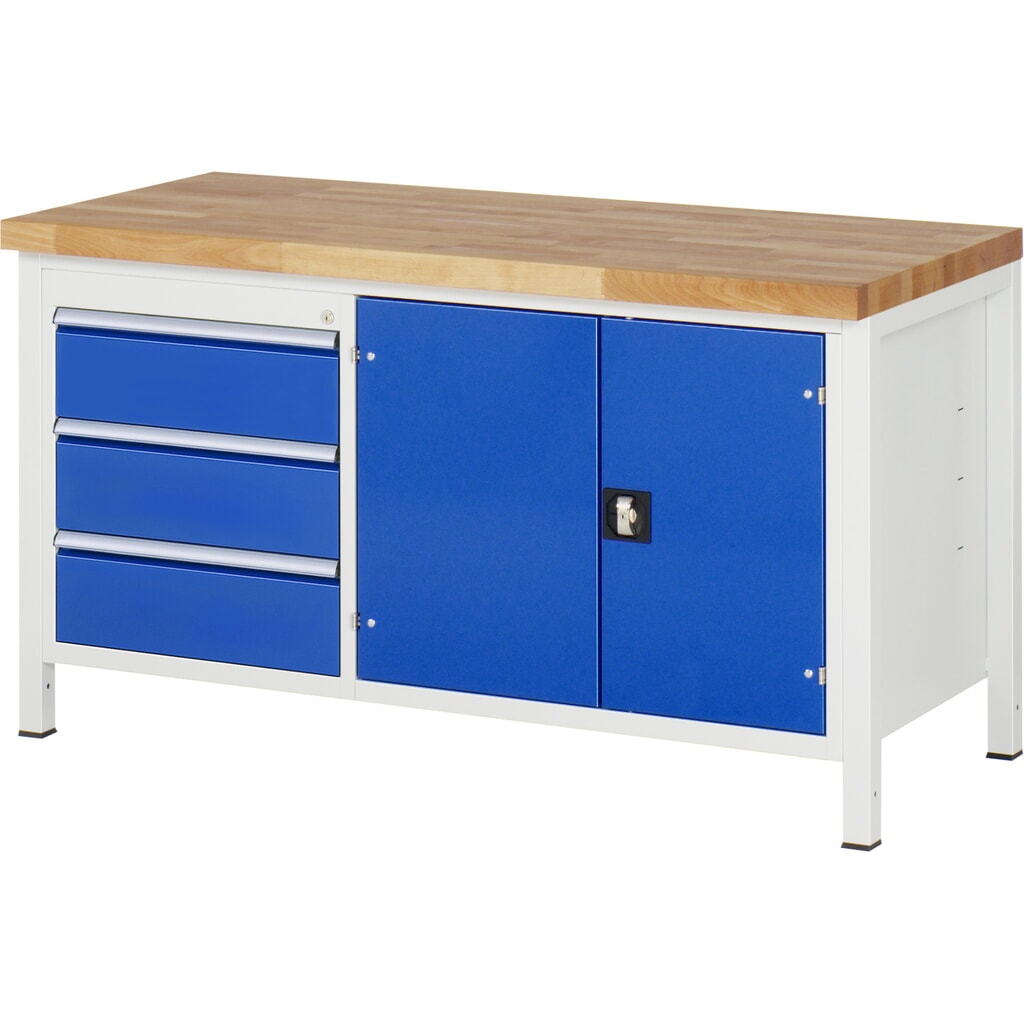 RAU Werkbank Serie 8000, 1 Doppel-Container, 1 Fachboden, 1 Doppel-Flügeltür, HxBxT 840-1.040 x 1.500 x 700 mm, 3 x 90%-Auszug-Schubladen Produktabbildung Nr. 1: RAU Werkbank Serie 8000, 1 Doppel-Container, 1 Fachboden, 1 Doppel-Flügeltür, HxBxT 840-1.040 x 1.500 x 700 mm, 3 x 90%-Auszug-Schubladen