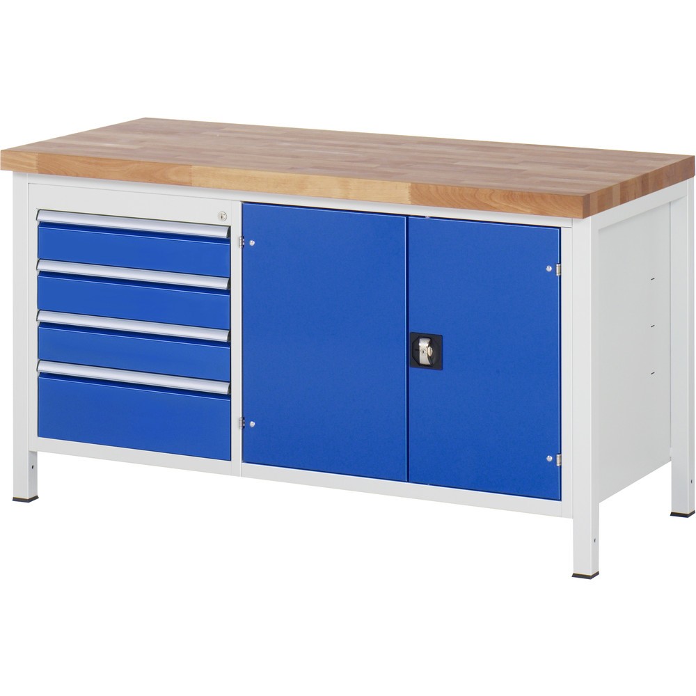 Produktabbildung: RAU Werkbank Serie 8000, 1 Doppel-Container, 1 Doppel-Flügeltür, HxBxT 840-1.040 x 1.500 x 700 mm, 4 x 90%-Auszugs-Schubladen