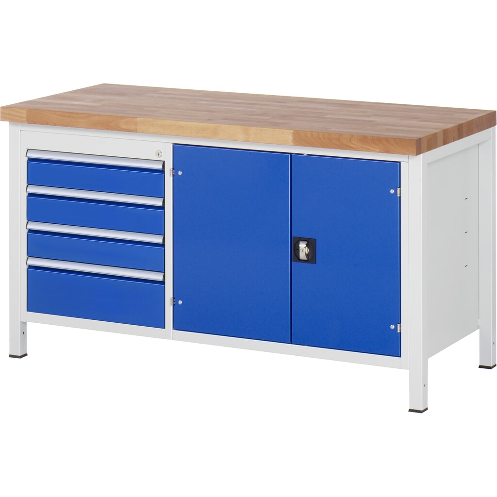 RAU Werkbank Serie 8000, 1 Doppel-Container, 1 Doppel-Flügeltür, HxBxT 840-1.040 x 1.500 x 700 mm, 4 x 90%-Auszugs-Schubladen Produktabbildung Nr. 1: RAU Werkbank Serie 8000, 1 Doppel-Container, 1 Doppel-Flügeltür, HxBxT 840-1.040 x 1.500 x 700 mm, 4 x 90%-Auszugs-Schubladen