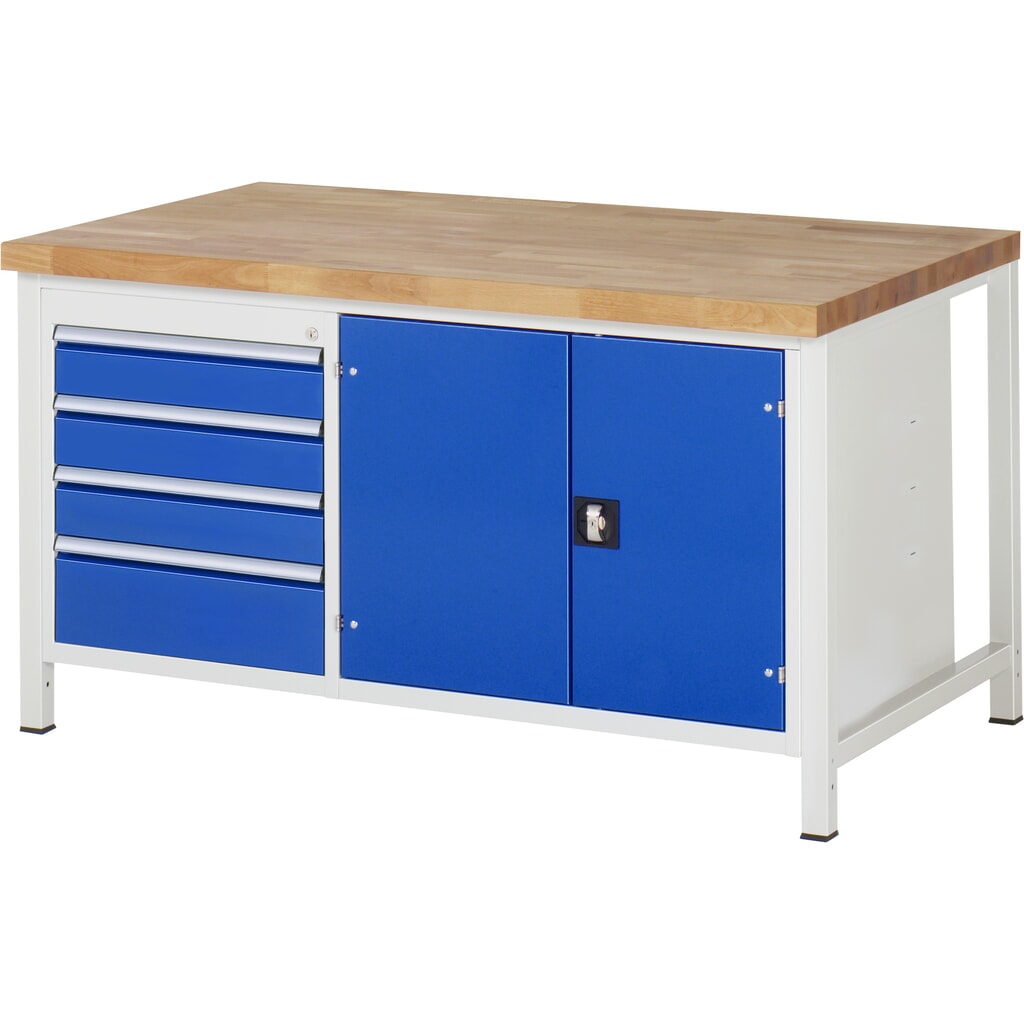 RAU Werkbank Serie 8000, 1 Doppel-Container, 1 Doppel-Flügeltür, HxBxT 840-1.040 x 1.500 x 900 mm, 4 x 90%-Auszugs-Schubladen Produktabbildung: RAU Werkbank Serie 8000, 1 Doppel-Container, 1 Doppel-Flügeltür, HxBxT 840-1.040 x 1.500 x 900 mm, 4 x 90%-Auszugs-Schubladen