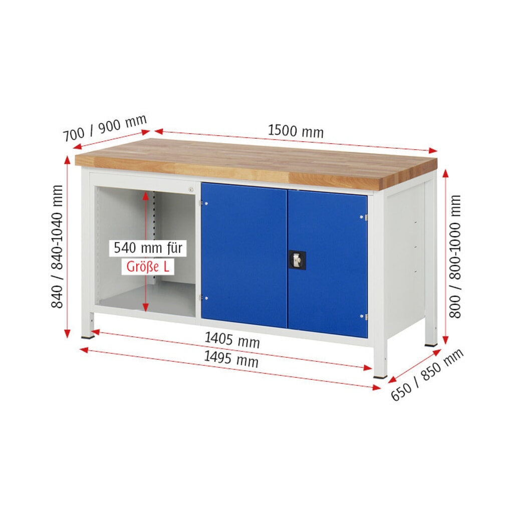Produktabbildung Nr. 8: RAU Werkbank Serie 8000, 1 Doppel-Container, 1 Fachboden, 1 Doppel-Flügeltür, HxBxT 840-1.040 x 1.500 x 700 mm, 3 x 90%-Auszug-Schubladen