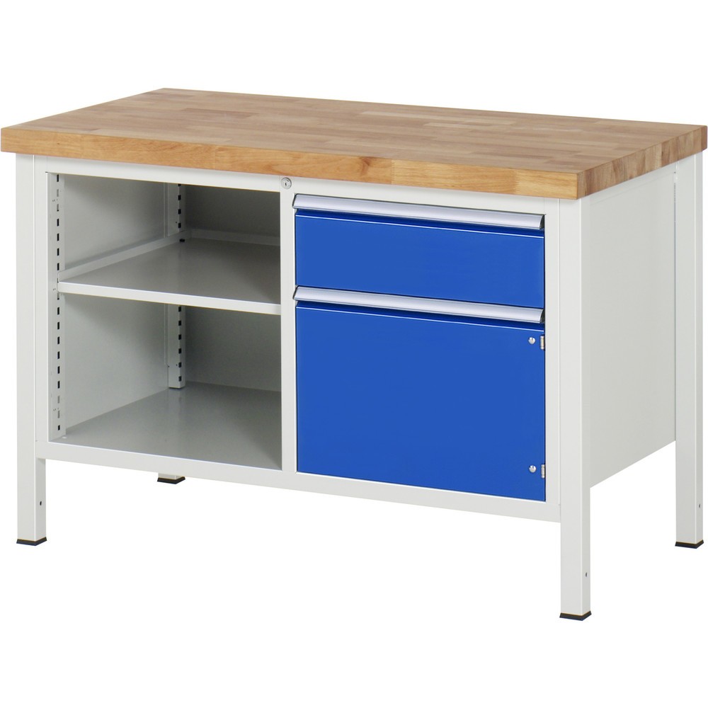 Produktabbildung Nr. 1: RAU Werkbank Serie 8000, 1 Doppel-Container, 1 Fachboden, 1 Flügeltür, HxBxT 840 x 1.250 x 700 mm, 1 x 90%-Auszug-Schublade, ErgoScript