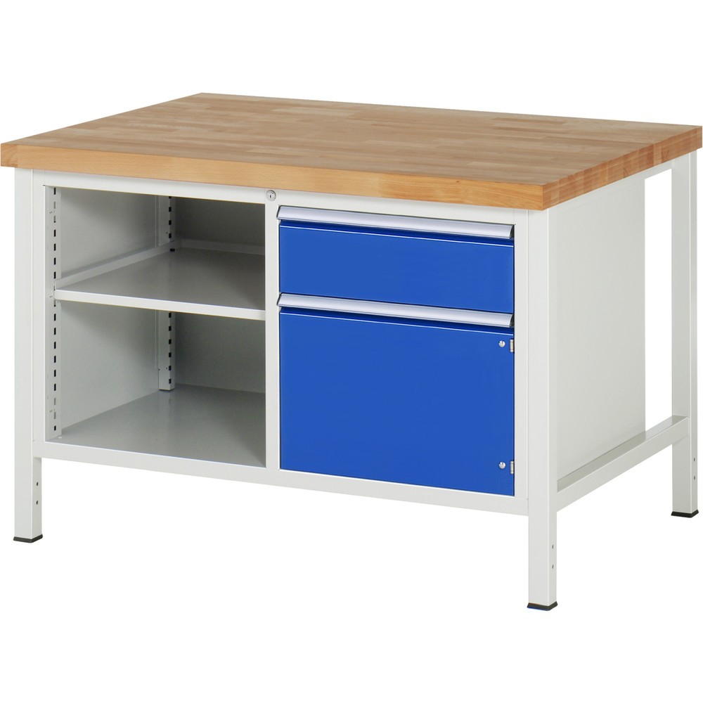 Produktabbildung Nr. 1: RAU Werkbank Serie 8000, 1 Doppel-Container, 1 Fachboden, 1 Flügeltür, HxBxT 840-1.040 x 1.250 x 900 mm, 1 x 90%-Auszug-Schublade, ErgoScript