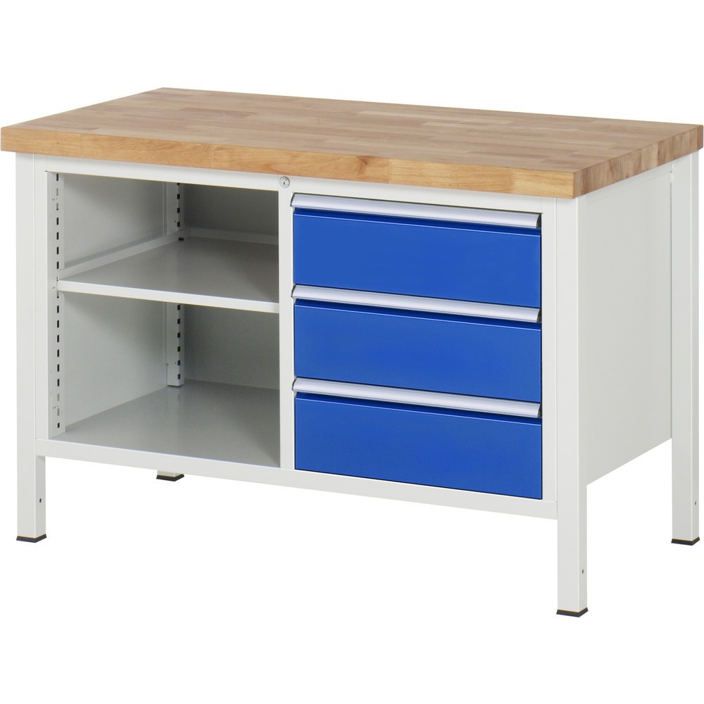 Produktabbildung Nr. 1: RAU Werkbank Serie 8000, 1 Doppel-Container, 1 Fachboden, HxBxT 840 x 1.250 x 700 mm, 3 x 90%-Auszug-Schubladen, ErgoScript