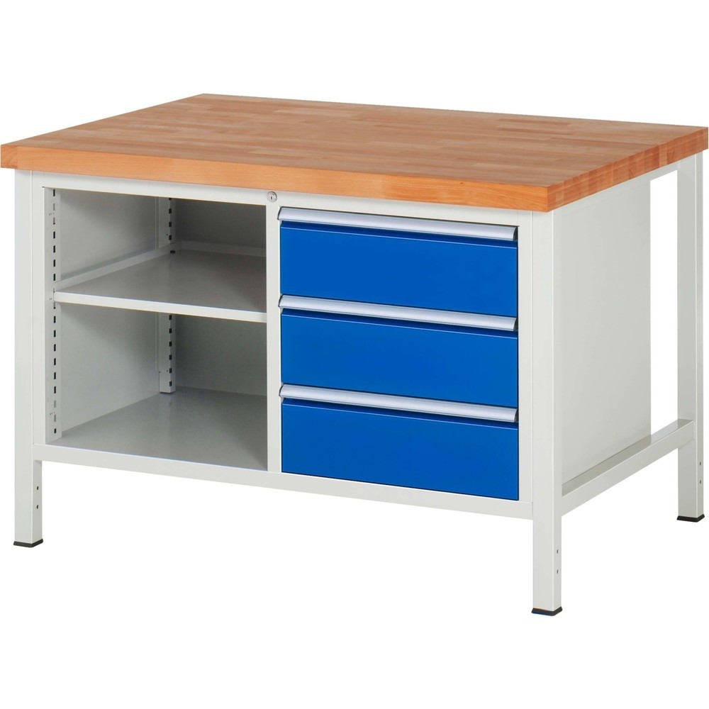 Produktabbildung: RAU Werkbank Serie 8000, 1 Doppel-Container, 1 Fachboden, HxBxT 840-1.040 x 1.250 x 900 mm, 3 x 100%-Auszug-Schubladen, ErgoScript