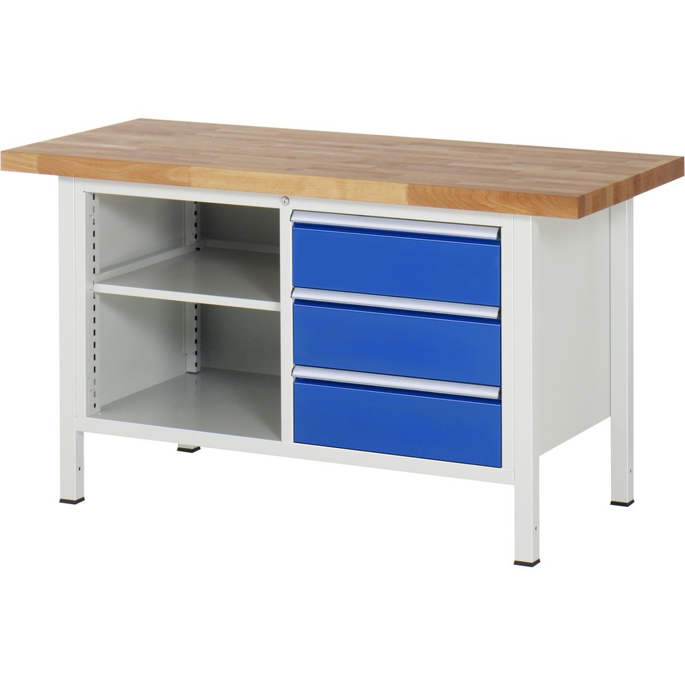 Produktabbildung Nr. 1: RAU Werkbank Serie 8000, 1 Doppel-Container, 1 Fachboden, HxBxT 840-1.040 x 1.500 x 700 mm, 3 x 100%-Auszug-Schubladen, ErgoScript