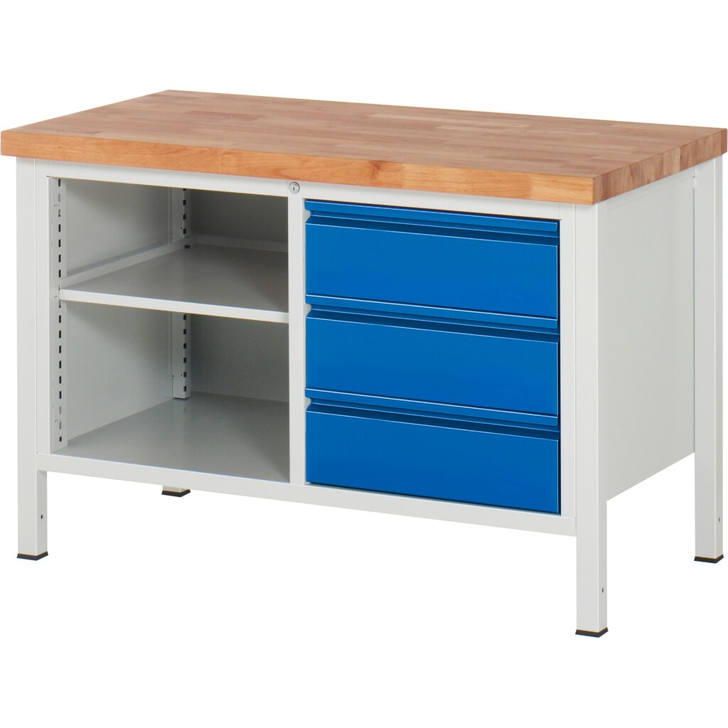 RAU Werkbank Serie 8000, 1 Doppel-Container, 1 Fachboden, HxBxT 840-1.040 x 1.250 x 700 mm, 3 x 90%-Auszug-Schubladen, Griffleiste Produktabbildung: RAU Werkbank Serie 8000, 1 Doppel-Container, 1 Fachboden, HxBxT 840-1.040 x 1.250 x 700 mm, 3 x 90%-Auszug-Schubladen, Griffleiste
