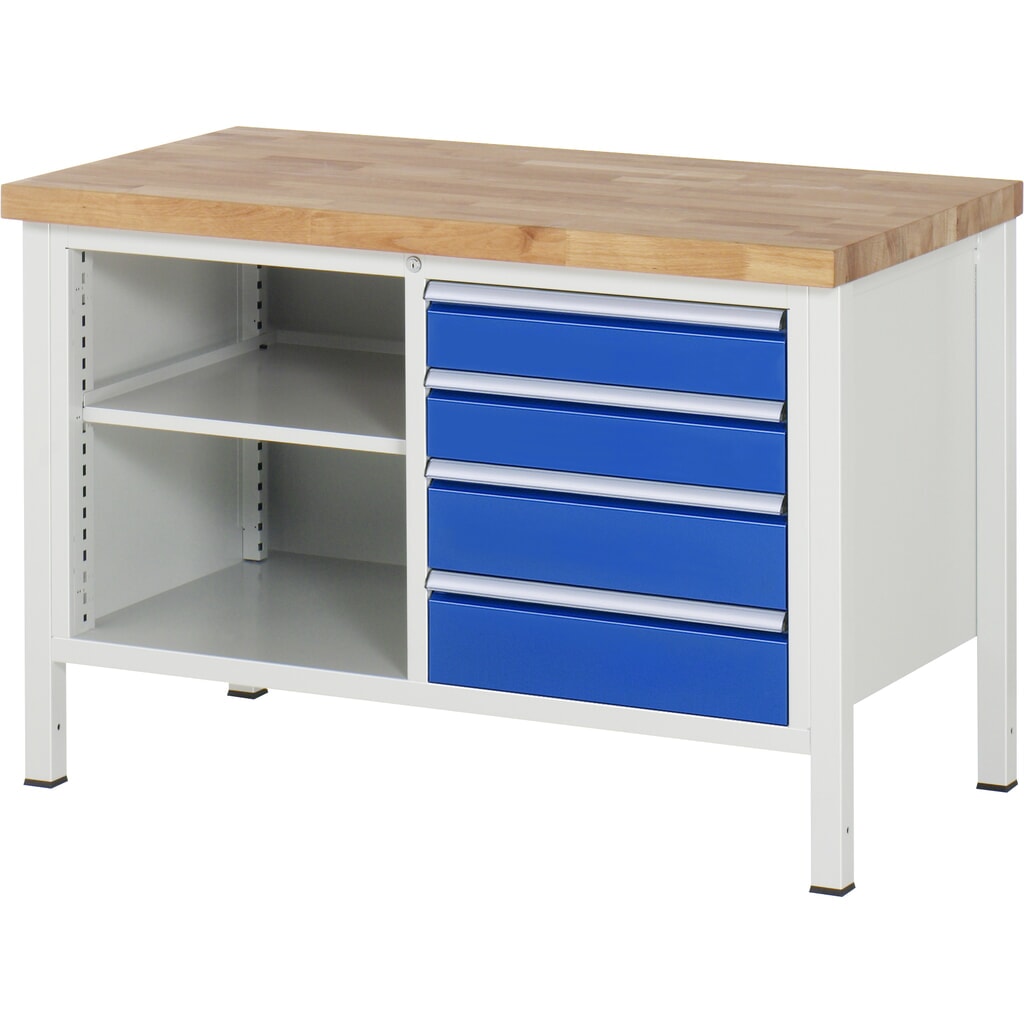 Produktabbildung Nr. 1: RAU Werkbank Serie 8000, 1 Doppel-Container, 1 Fachboden, HxBxT 840 x 1.250 x 700 mm, 4 x 90%-Auszug-Schubladen