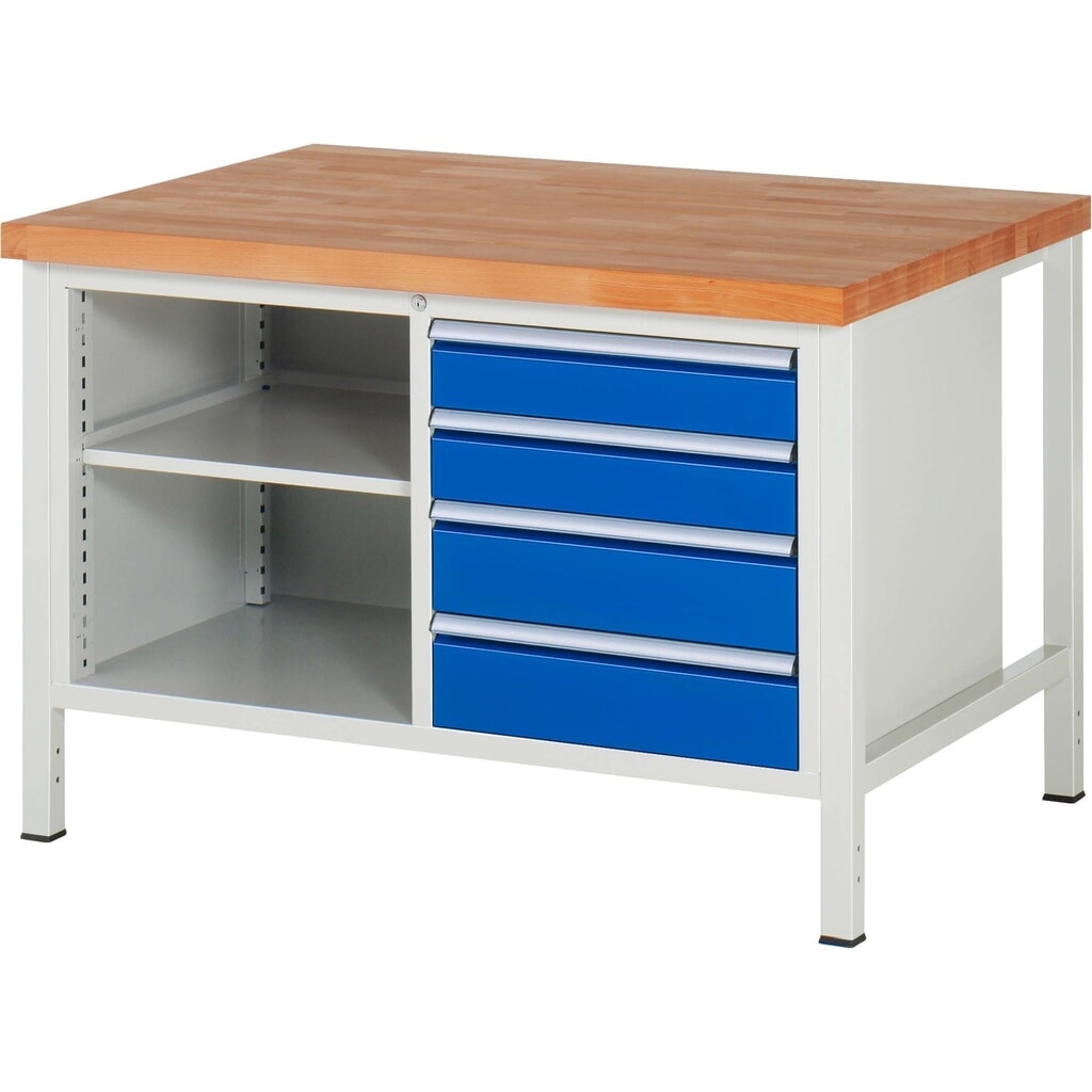 Produktabbildung: RAU Werkbank Serie 8000, 1 Doppel-Container, 1 Fachboden, HxBxT 840-1.040 x 1.250 x 900 mm, 4 x 90%-Auszug-Schubladen