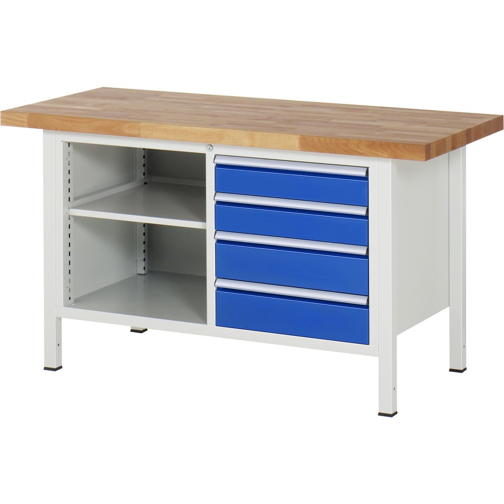 Produktabbildung: RAU Werkbank Serie 8000, 1 Doppel-Container, 1 Fachboden, HxBxT 840-1.040 x 1.500 x 700 mm, 4 x 90%-Auszug-Schubladen