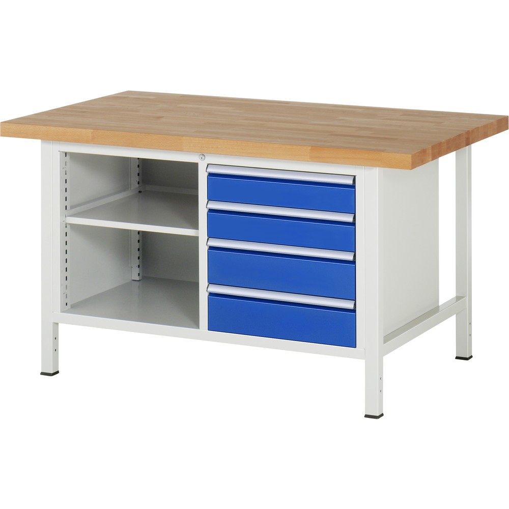 Produktabbildung: RAU Werkbank Serie 8000, 1 Doppel-Container, 1 Fachboden, HxBxT 840-1.040 x 1.500 x 900 mm, 4 x 90%-Auszug-Schubladen
