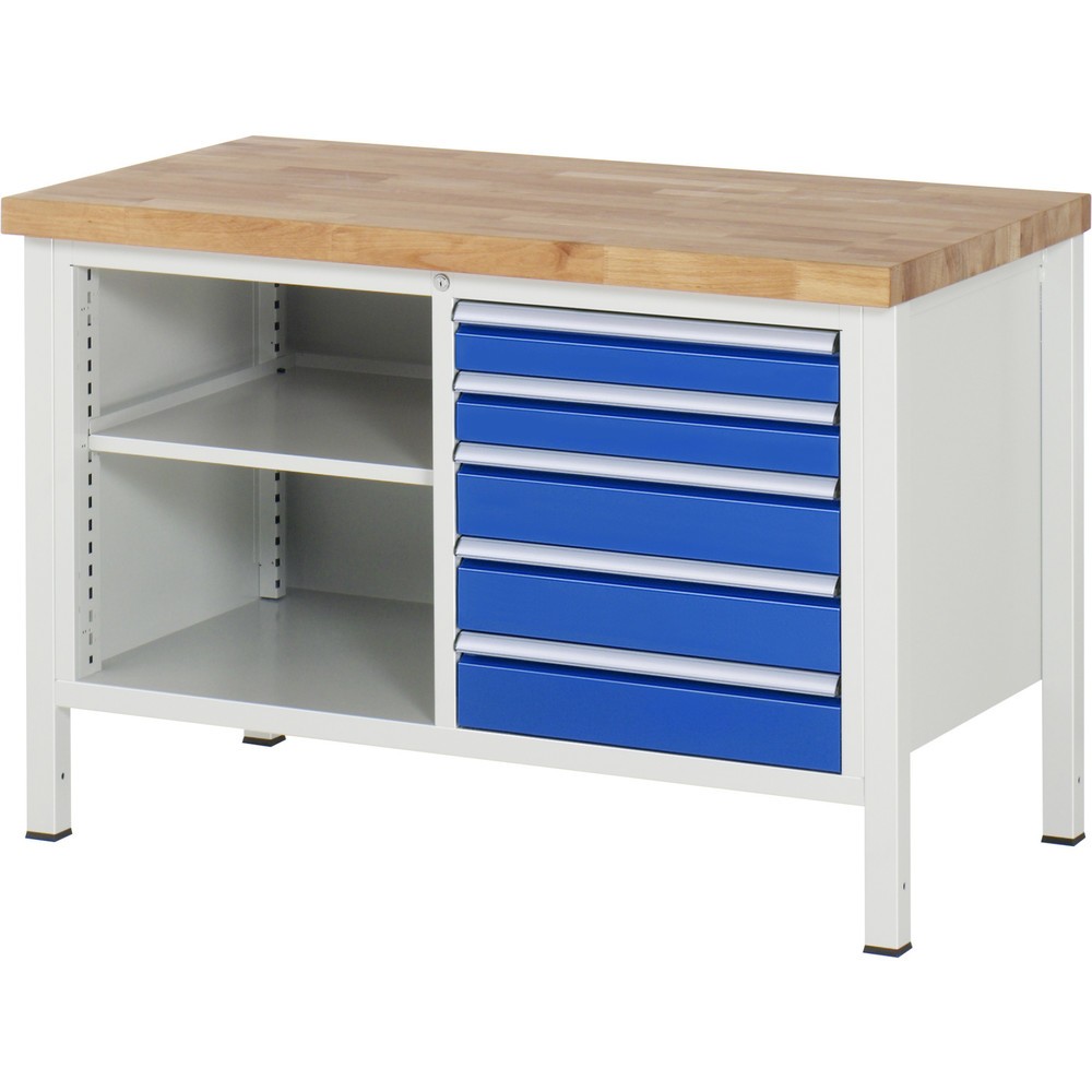 Produktabbildung Nr. 1: RAU Werkbank Serie 8000, 1 Doppel-Container, 1 Fachboden, HxBxT 840-1.040 x 1.250 x 700 mm, 5 x 90%-Auszug-Schubladen