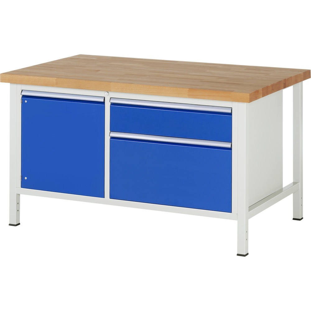 Produktabbildung Nr. 1: RAU Werkbank Serie 8000, 1 Doppel-Container, 1 Flügeltür, HxBxT 840-1.040 x 1.500 x 900 mm, 2 x 90%-Auszug-Schubladen
