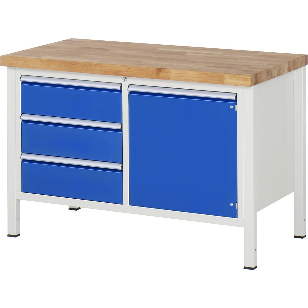 Produktabbildung: RAU Werkbank Serie 8000, 1 Doppel-Container, 1 Flügeltür, HxBxT 840-1.040 x 1.250 x 700 mm, 3 x 90%-Auszug-Schubladen, ErgoScript®