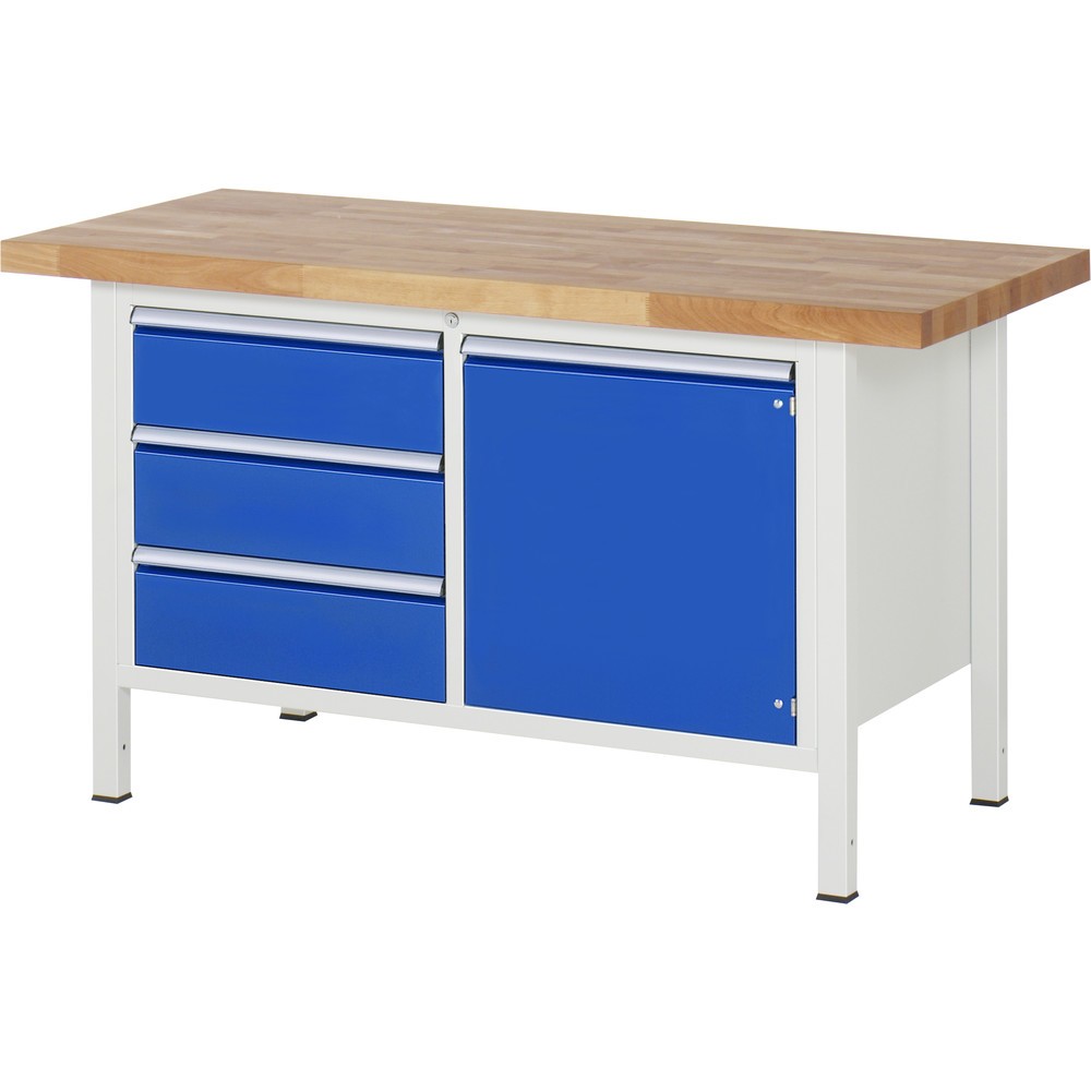 Produktabbildung: RAU Werkbank Serie 8000, 1 Doppel-Container, 1 Flügeltür, HxBxT 840-1.040 x 1.500 x 700 mm, 3 x 90%-Auszug-Schubladen, ErgoScript®