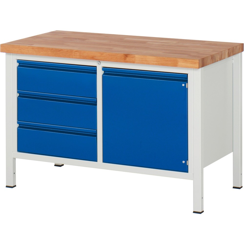 Produktabbildung Nr. 1: RAU Werkbank Serie 8000, 1 Doppel-Container, 1 Flügeltür, HxBxT 840-1.040 x 1.250 x 700 mm, 3 x 90%-Auszug-Schubladen, Griffleiste