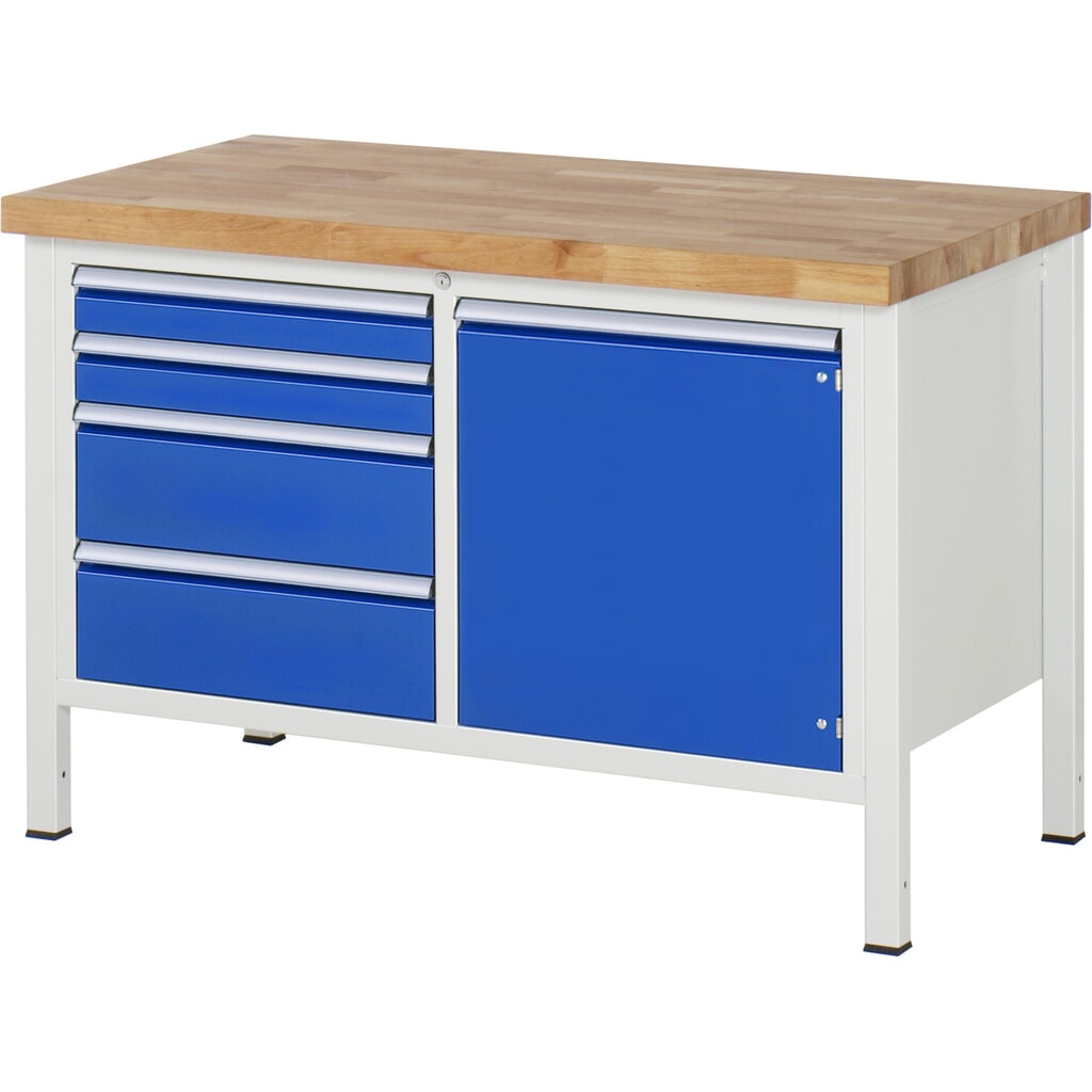 RAU Werkbank Serie 8000, 1 Doppel-Container, 1 Flügeltür, HxBxT 840 x 1.250 x 700 mm, 4 x 90%-Auszug-Schubladen Produktabbildung: RAU Werkbank Serie 8000, 1 Doppel-Container, 1 Flügeltür, HxBxT 840 x 1.250 x 700 mm, 4 x 90%-Auszug-Schubladen