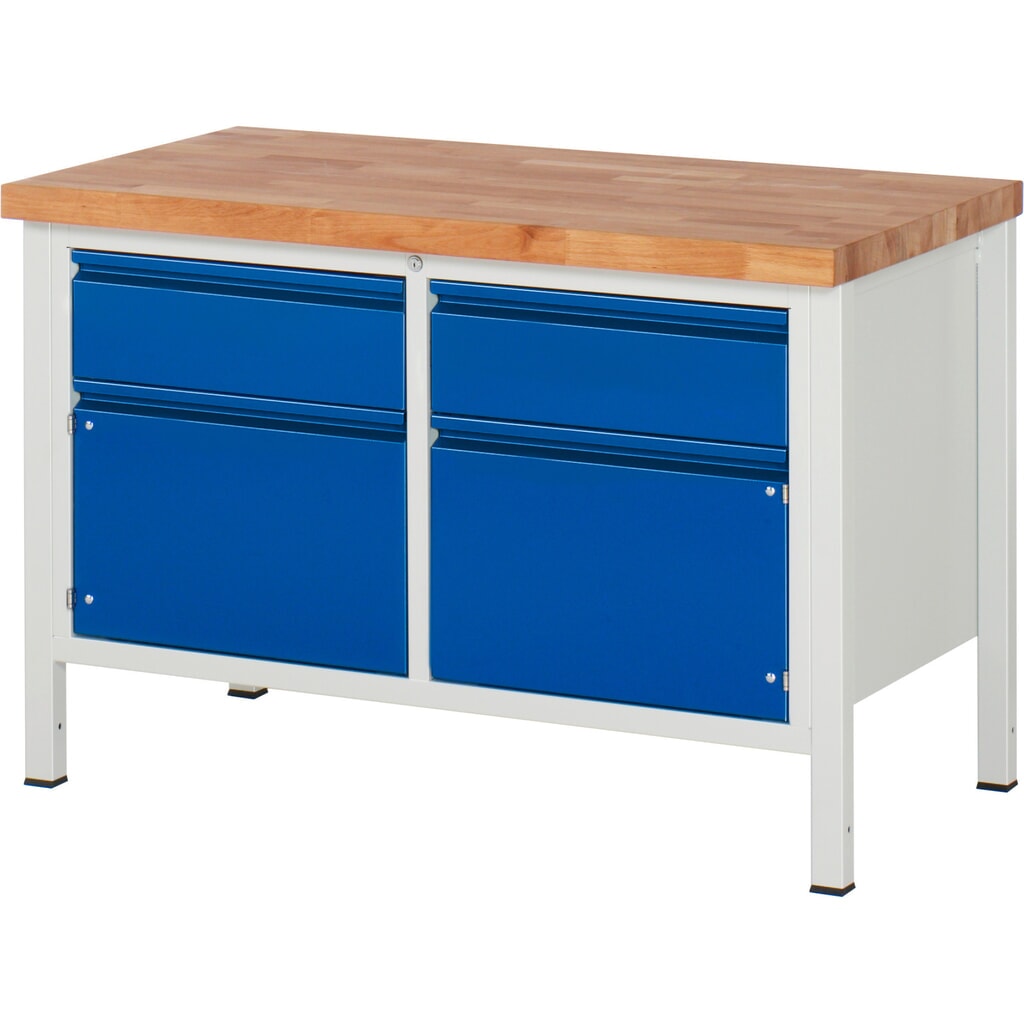 Produktabbildung Nr. 1: RAU Werkbank Serie 8000, 1 Doppel-Container, 2 Flügeltüren, HxBxT 840-1.040 x 1.250 x 700 mm, 2 x 90%-Auszug-Schubladen, Griffleiste