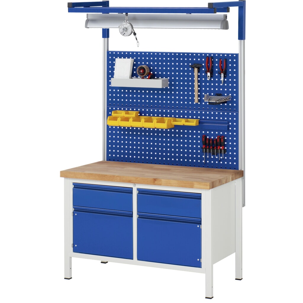Produktabbildung Nr. 8: RAU Werkbank Serie 8000, 1 Doppel-Container, 1 Flügeltür, HxBxT 840-1.040 x 1.250 x 700 mm, 3 x 90%-Auszug-Schubladen, Griffleiste