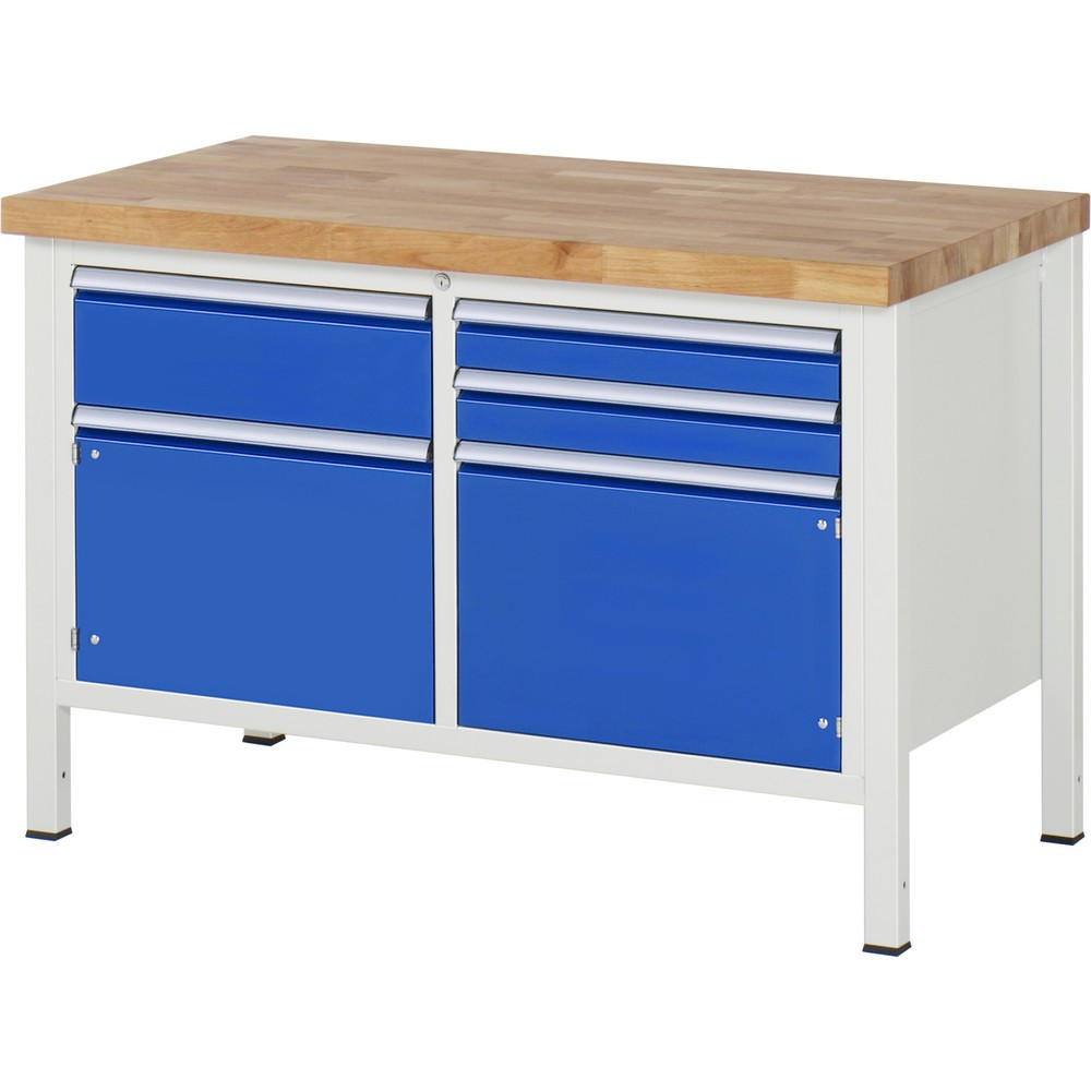 Produktabbildung Nr. 1: RAU Werkbank Serie 8000, 1 Doppel-Container, 2 Flügeltüren, HxBxT 840-1.040 x 1.250 x 700 mm, 3 x 90%-Auszug-Schubladen