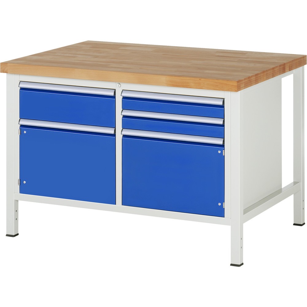 Produktabbildung: RAU Werkbank Serie 8000, 1 Doppel-Container, 2 Flügeltüren, HxBxT 840 x 1.250 x 900 mm, 3 x 90%-Auszug-Schubladen