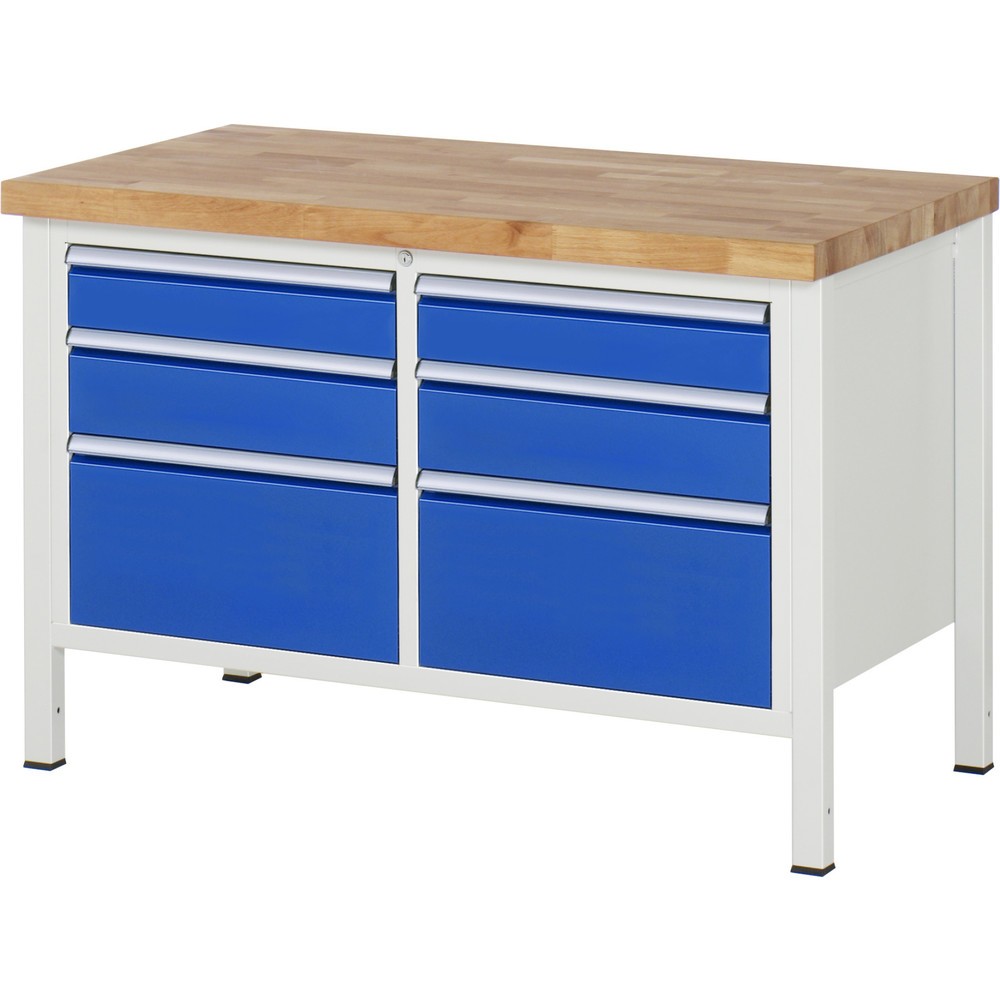Produktabbildung Nr. 1: RAU Werkbank Serie 8000, 1 Doppel-Container, HxBxT 840-1.040 x 1.250 x 700 mm, 6 x 90%-Auszug-Schubladen 2 x 120, 2 x 150, 2 x 270 mm, Breite 490 mm