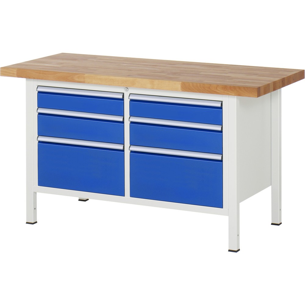 Produktabbildung Nr. 1: RAU Werkbank Serie 8000, 1 Doppel-Container, HxBxT 840 x 1.500 x 700 mm, 6 x 90%-Auszug-Schubladen 2 x 120, 2 x 150, 2 x 270 mm, Schubladen-TK 100 kg