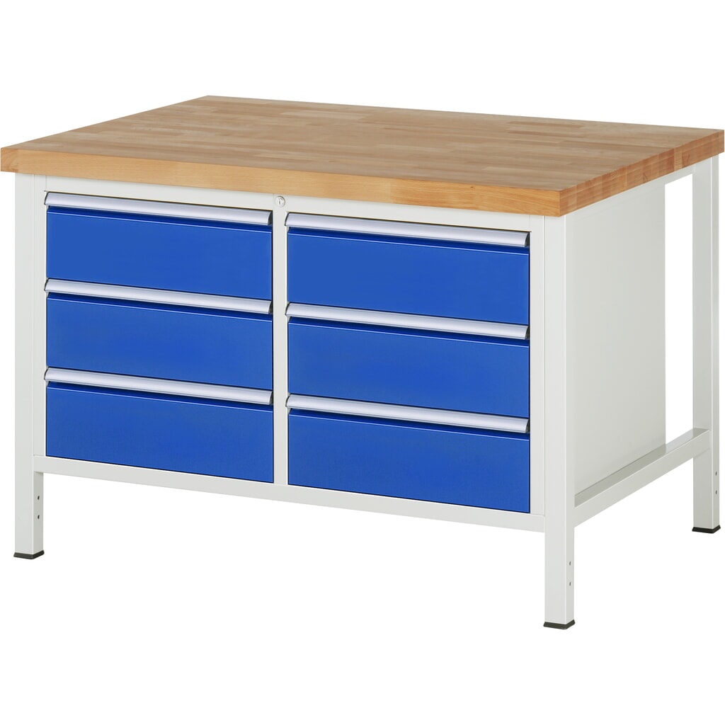 RAU Werkbank Serie 8000, 1 Doppel-Container, HxBxT 840-1.040 x 1.250 x 900 mm, 6 x 90%-Auszug-Schubladen 6 x 180 mm, Breite 490 mm Produktabbildung Nr. 1: RAU Werkbank Serie 8000, 1 Doppel-Container, HxBxT 840-1.040 x 1.250 x 900 mm, 6 x 90%-Auszug-Schubladen 6 x 180 mm, Breite 490 mm