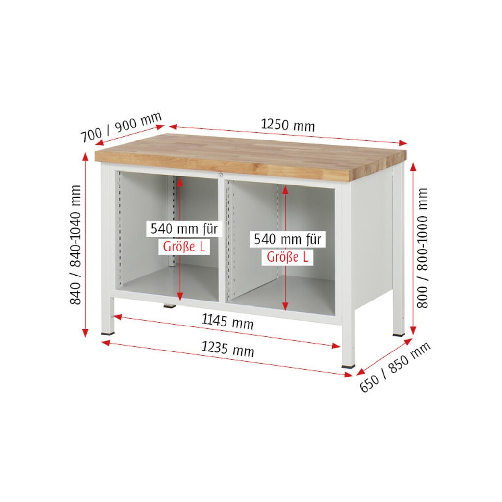 Produktabbildung Nr. 7: RAU Werkbank Serie 8000, 1 Doppel-Container, 2 Flügeltüren, HxBxT 840-1.040 x 1.250 x 700 mm