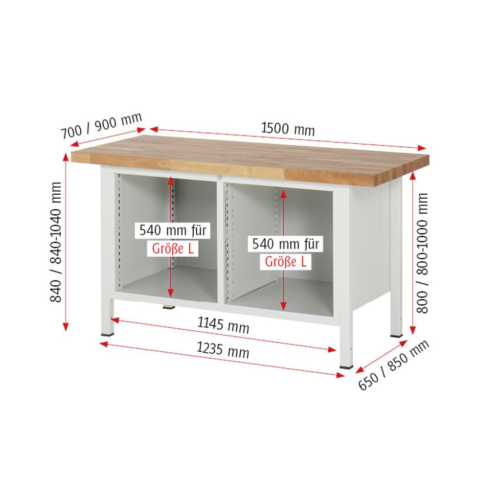 Produktabbildung Nr. 7: RAU Werkbank Serie 8000, 1 Doppel-Container, HxBxT 840-1.040 x 1.500 x 900 mm, 8 x 100%-Auszug-Schubladen 4 x 120, 4 x 150 mm, Breite 490 mm