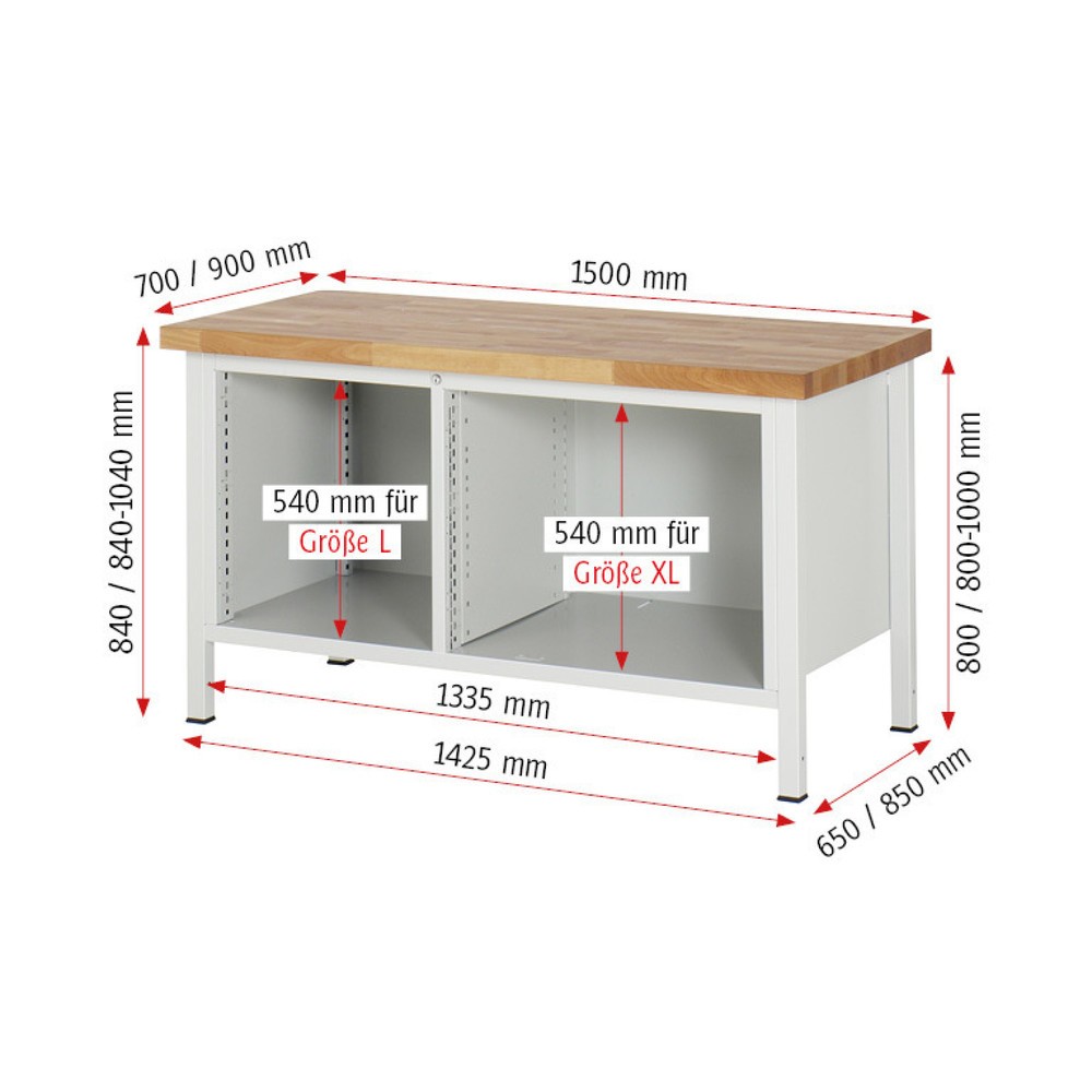 Produktabbildung Nr. 6: RAU Werkbank Serie 8000, 1 Doppel-Container, HxBxT 840-1.040 x 1.500 x 700 mm, 9 x 90%-Auszug-Schubladen 2 x 60, 3 x 120, 4 x 150 mm, Breite 490-680 mm