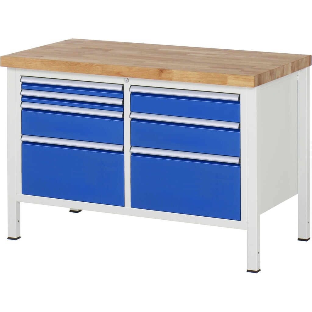 Produktabbildung Nr. 1: RAU Werkbank Serie 8000, 1 Doppel-Container, HxBxT 840-1.040 x 1.250 x 700 mm, 7 x 90%-Auszug-Schubladen