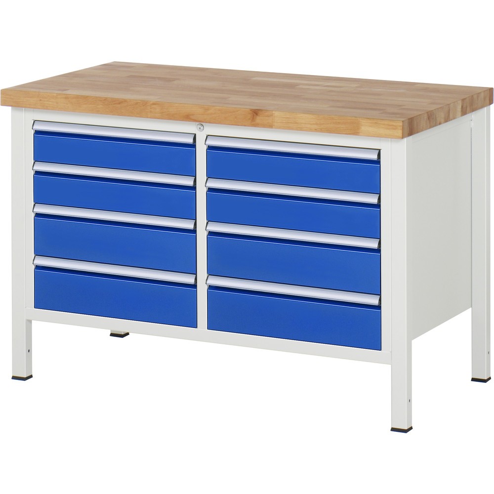 Produktabbildung: RAU Werkbank Serie 8000, 1 Doppel-Container, HxBxT 840-1.040 x 1.250 x 700 mm, 8 x 90%-Auszug-Schubladen 4 x 120, 4 x 150 mm, Breite 490 mm
