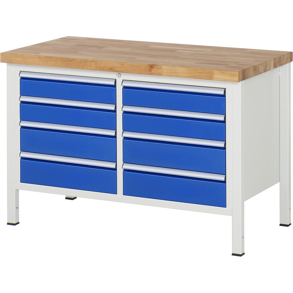 RAU Werkbank Serie 8000, 1 Doppel-Container, HxBxT 840-1.040 x 1.250 x 700 mm, 8 x 90%-Auszug-Schubladen 4 x 120, 4 x 150 mm, Breite 490 mm Produktabbildung: RAU Werkbank Serie 8000, 1 Doppel-Container, HxBxT 840-1.040 x 1.250 x 700 mm, 8 x 90%-Auszug-Schubladen 4 x 120, 4 x 150 mm, Breite 490 mm