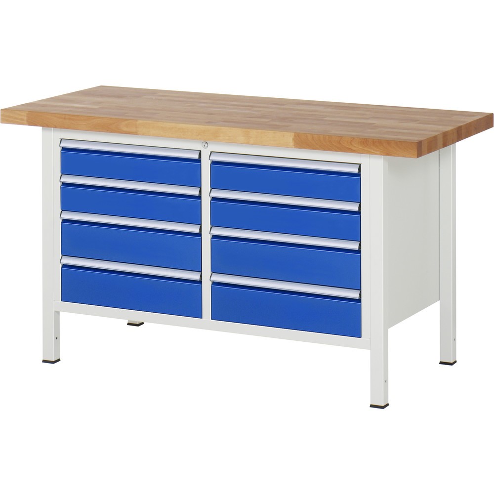 Produktabbildung: RAU Werkbank Serie 8000, 1 Doppel-Container, HxBxT 840-1.040 x 1.500 x 700 mm, 8 x 90%-Auszug-Schubladen 4 x 120, 4 x 150 mm, Breite 490 mm
