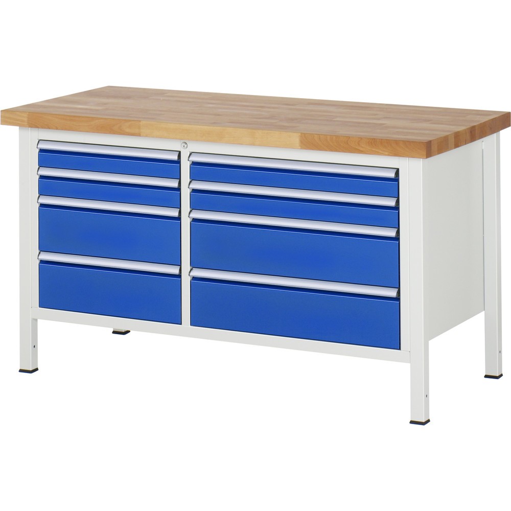 Produktabbildung: RAU Werkbank Serie 8000, 1 Doppel-Container, HxBxT 840-1.040 x 1.500 x 700 mm, 8 x 90%-Auszug-Schubladen 4 x 90, 4 x 180 mm, Breite 490-680 mm