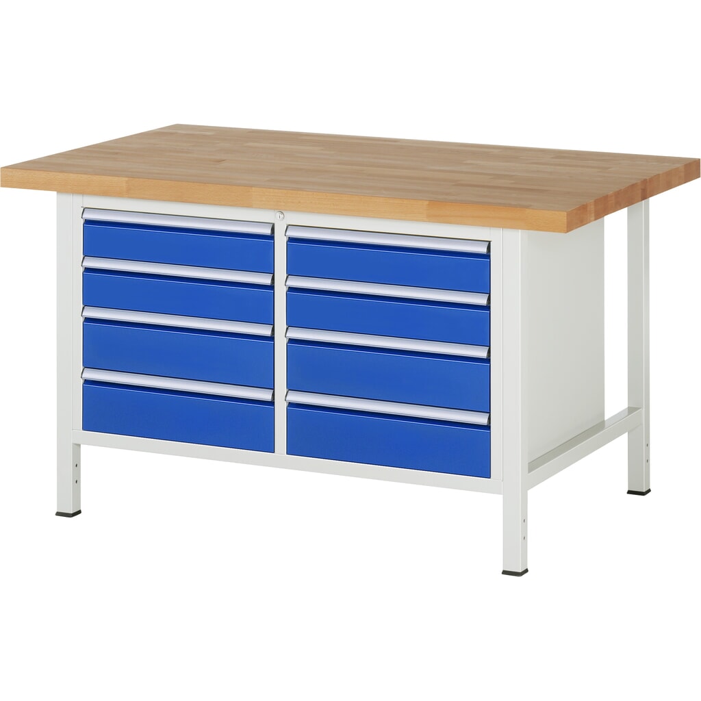 Produktabbildung: RAU Werkbank Serie 8000, 1 Doppel-Container, HxBxT 840-1.040 x 1.500 x 900 mm, 8 x 100%-Auszug-Schubladen 4 x 120, 4 x 150 mm, Breite 490 mm