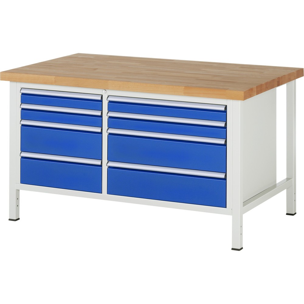 Produktabbildung Nr. 1: RAU Werkbank Serie 8000, 1 Doppel-Container, HxBxT 840-1.040 x 1.500 x 900 mm, 8 x 90%-Auszug-Schubladen 4 x 90, 4 x 180 mm, Breite 490-680 mm