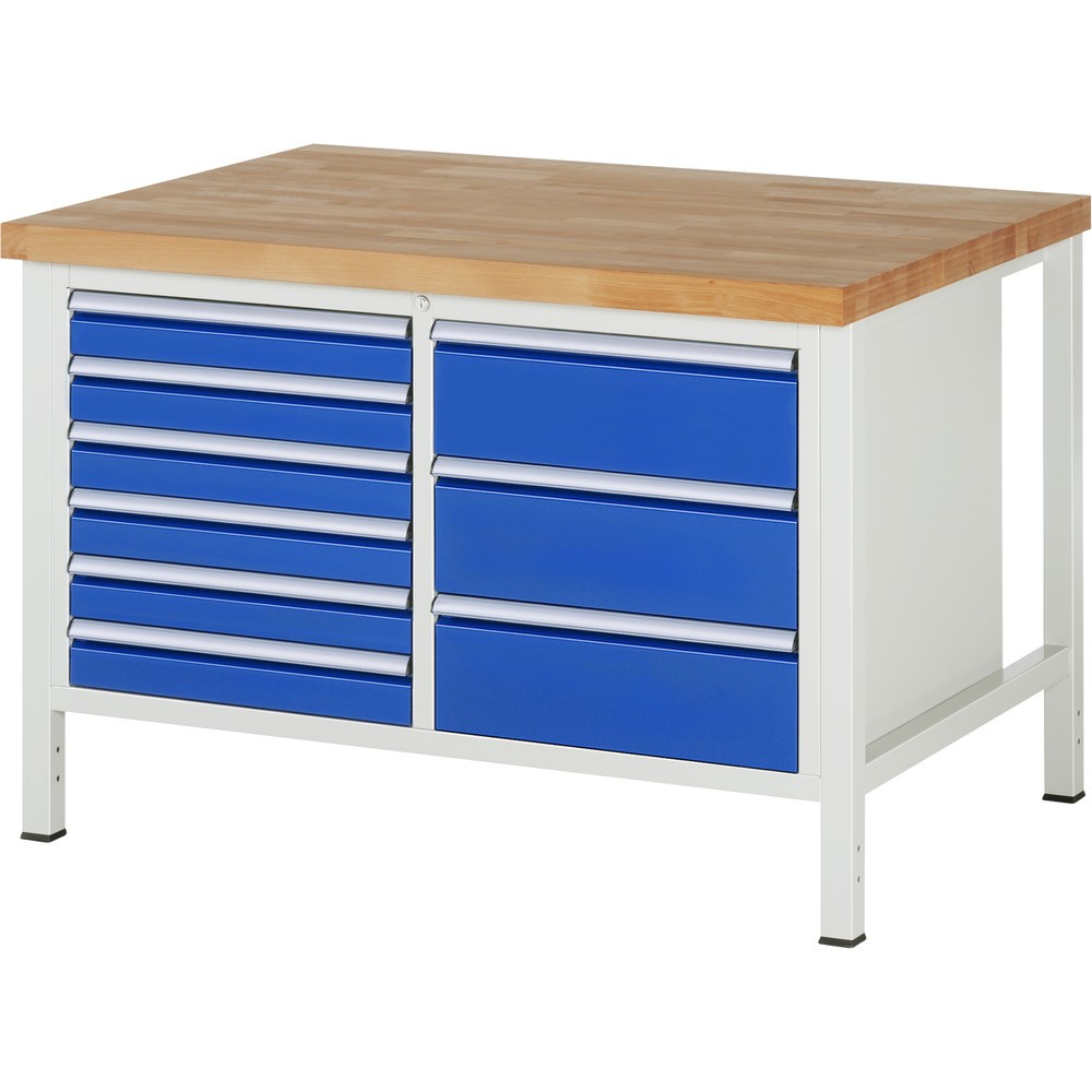 Produktabbildung: RAU Werkbank Serie 8000, 1 Doppel-Container, HxBxT 840-1.040 x 1.250 x 900 mm, 9 x 90%-Auszug-Schubladen 6 x 90, 3 x 180 mm, Breite 490 mm