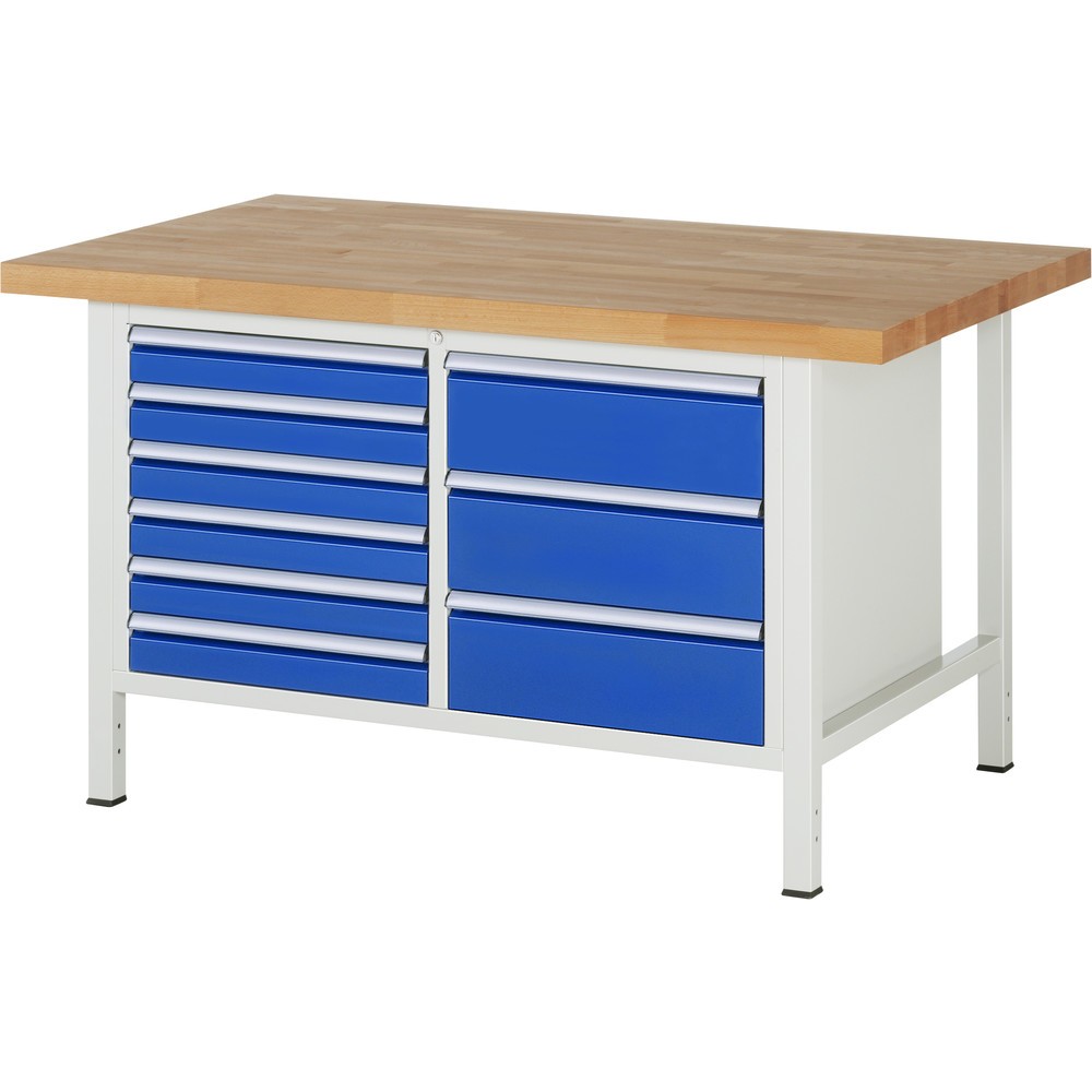 Produktabbildung: RAU Werkbank Serie 8000, 1 Doppel-Container, HxBxT 840-1.040 x 1.500 x 900 mm, 9 x 90%-Auszug-Schubladen 6 x 90, 3 x 180 mm, Breite 490 mm