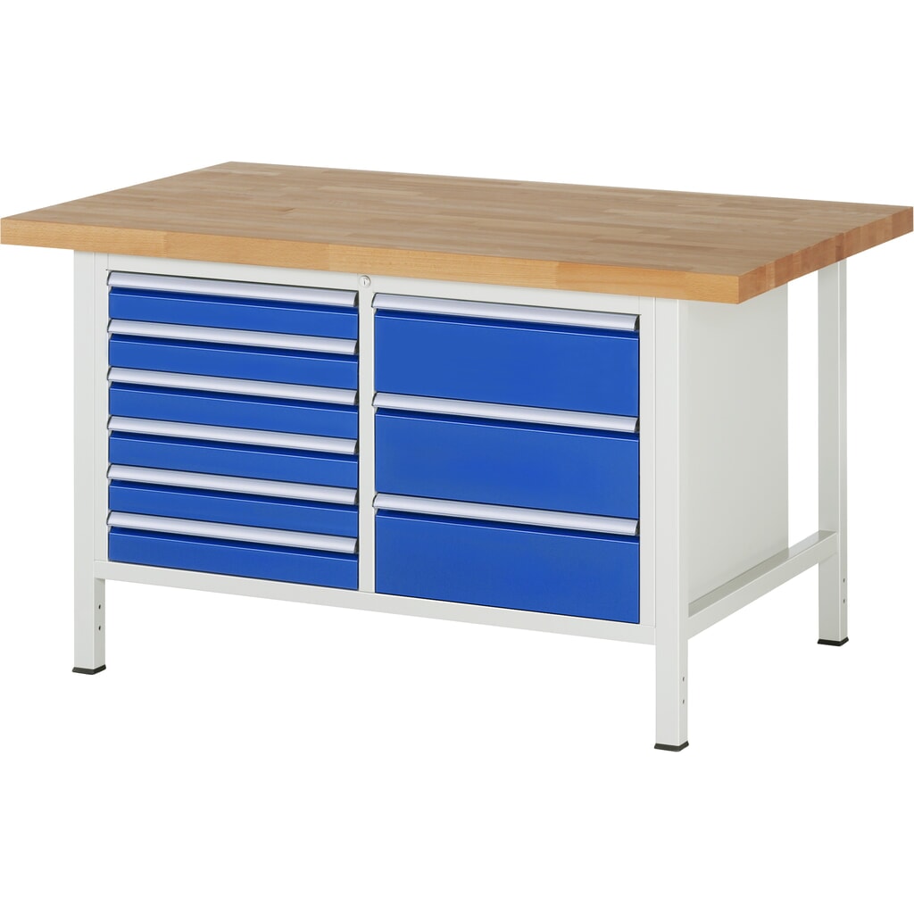 Produktabbildung: RAU Werkbank Serie 8000, 1 Doppel-Container, HxBxT 840-1.040 x 1.500 x 900 mm, 9 x 90%-Auszug-Schubladen 6 x 90, 3 x 180 mm, Breite 490 mm