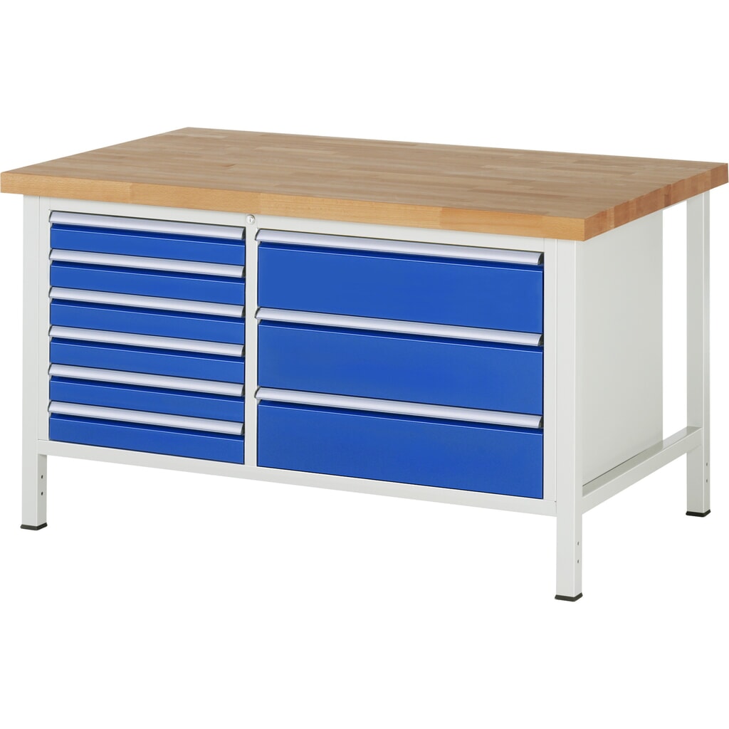 Produktabbildung: RAU Werkbank Serie 8000, 1 Doppel-Container, HxBxT 840-1.040 x 1.500 x 900 mm, 9 x 100%-Auszug-Schubladen 6 x 90, 3 x 180 mm, Breite 490-680 mm