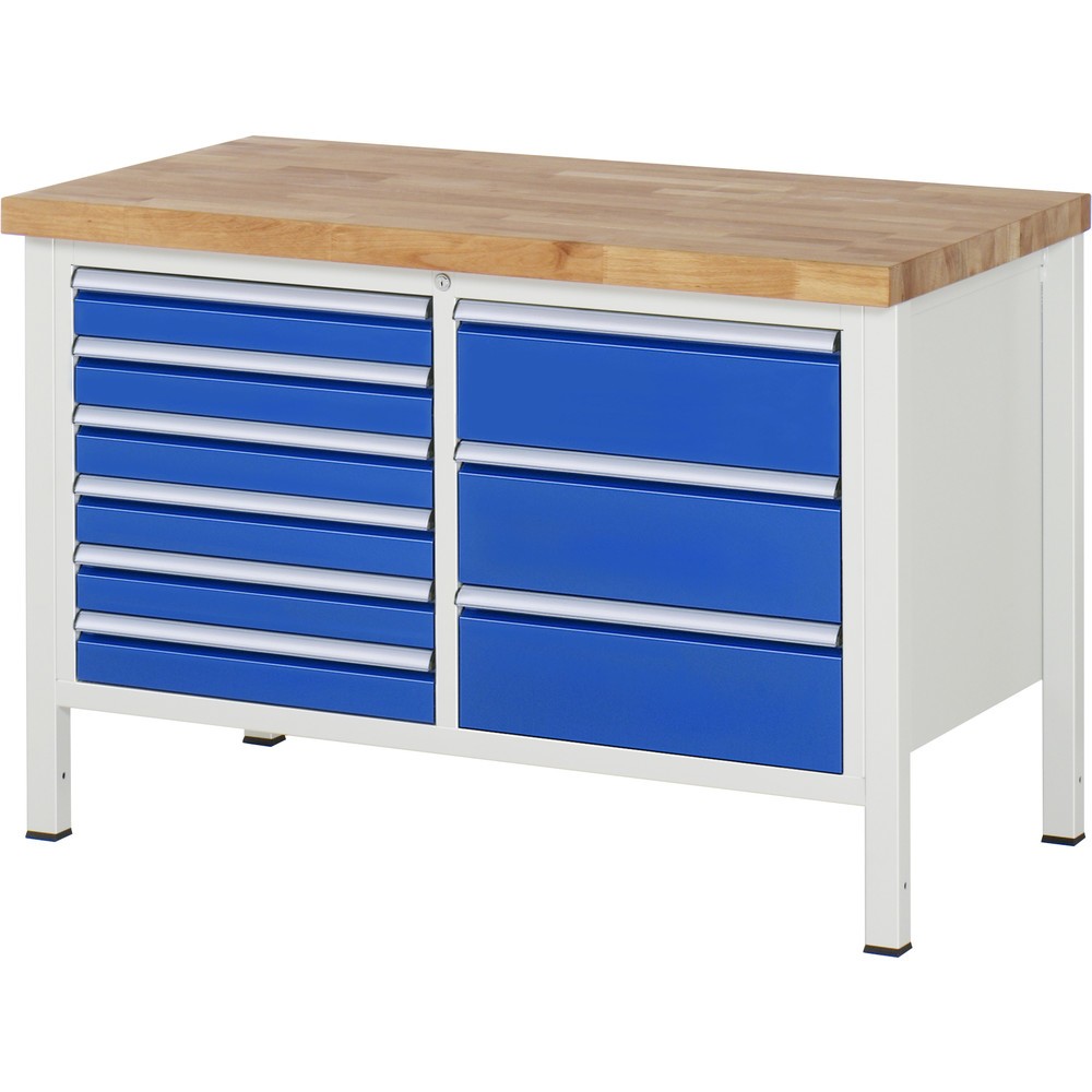 Produktabbildung: RAU Werkbank Serie 8000, 1 Doppel-Container, HxBxT 840-1.040 x 1.250 x 700 mm, 9 x 90%-Auszug-Schubladen 6 x 90, 3 x 180 mm, Breite 490 mm