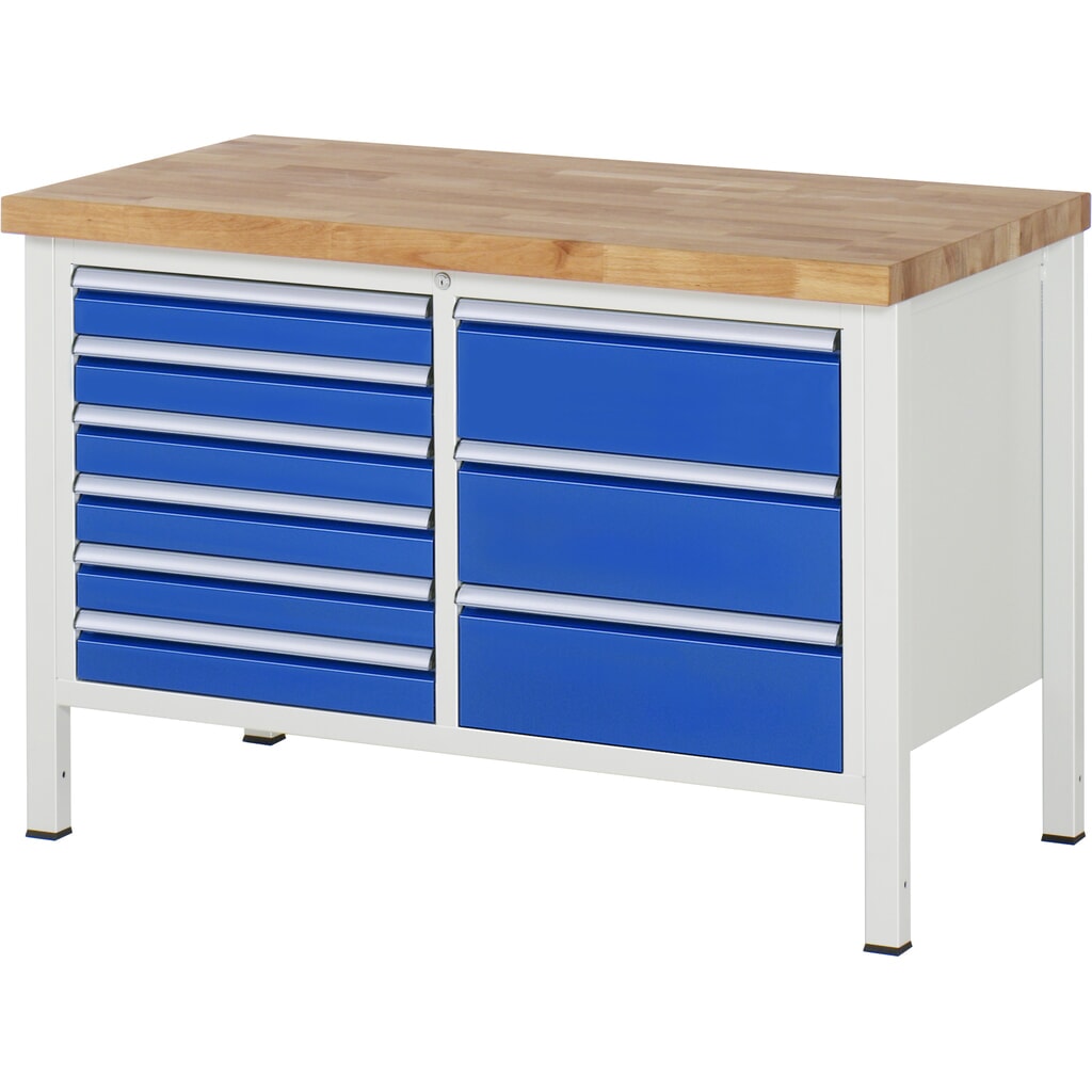 RAU Werkbank Serie 8000, 1 Doppel-Container, HxBxT 840-1.040 x 1.250 x 700 mm, 9 x 90%-Auszug-Schubladen 6 x 90, 3 x 180 mm, Breite 490 mm Produktabbildung Nr. 1: RAU Werkbank Serie 8000, 1 Doppel-Container, HxBxT 840-1.040 x 1.250 x 700 mm, 9 x 90%-Auszug-Schubladen 6 x 90, 3 x 180 mm, Breite 490 mm